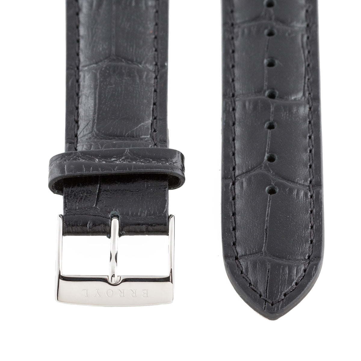 Black Alligator Grain Leather Strap with Stainless Steel Pin Buckle