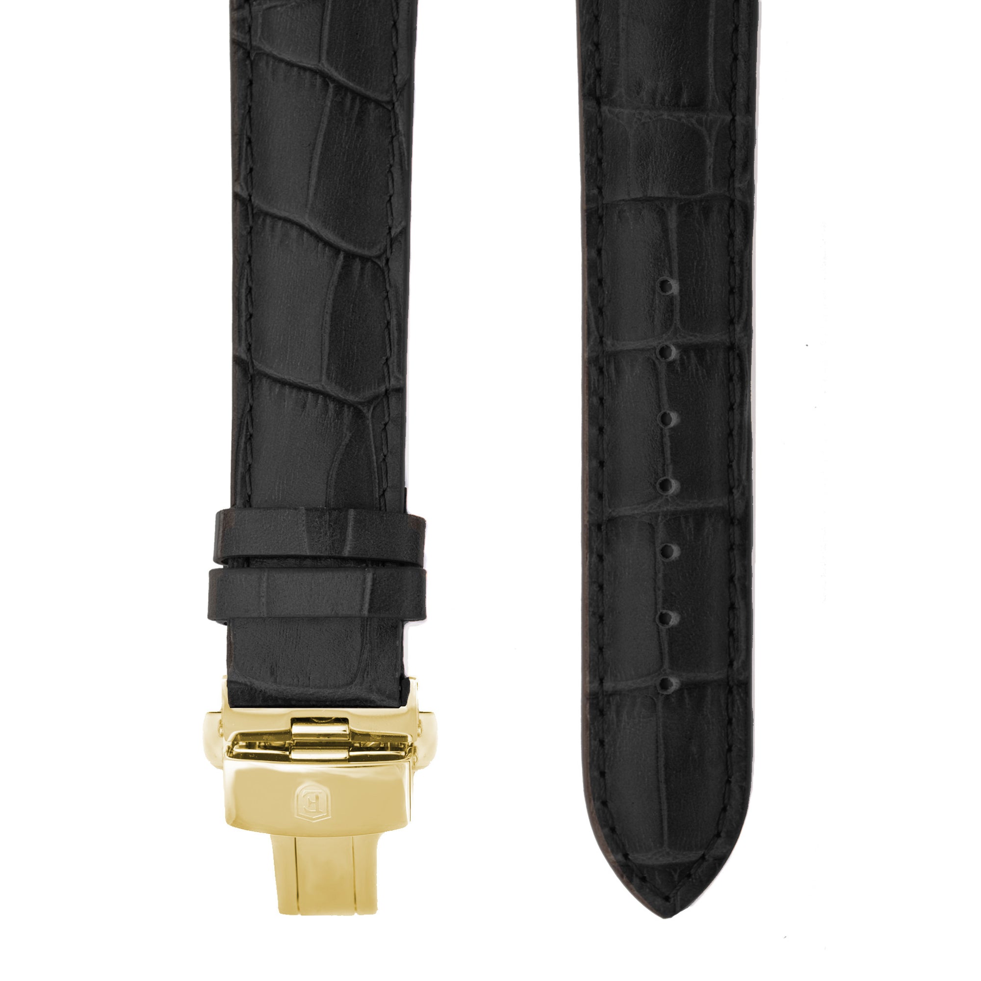 Black Alligator Grain Leather Strap with Gold Clasp